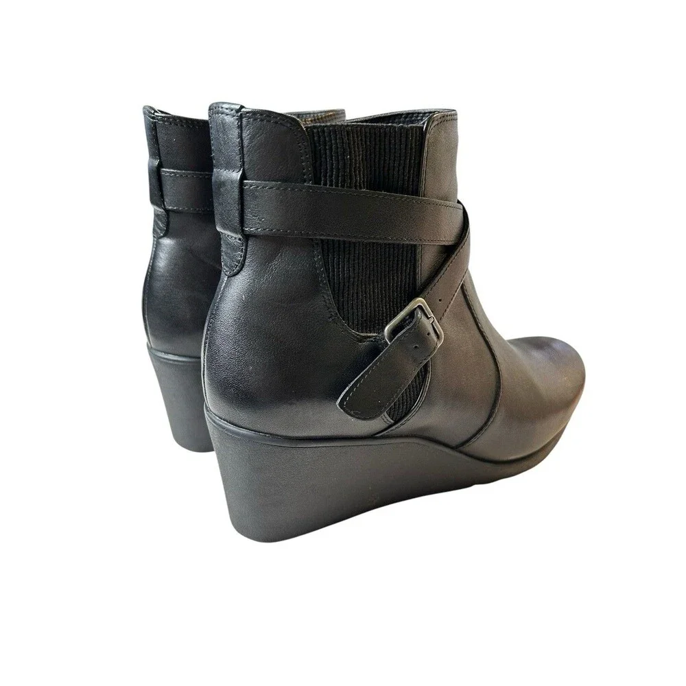 ABEO Black Leather Ankle Boots Women's 8.5 Geranium Wedge Heel Buckle Moto